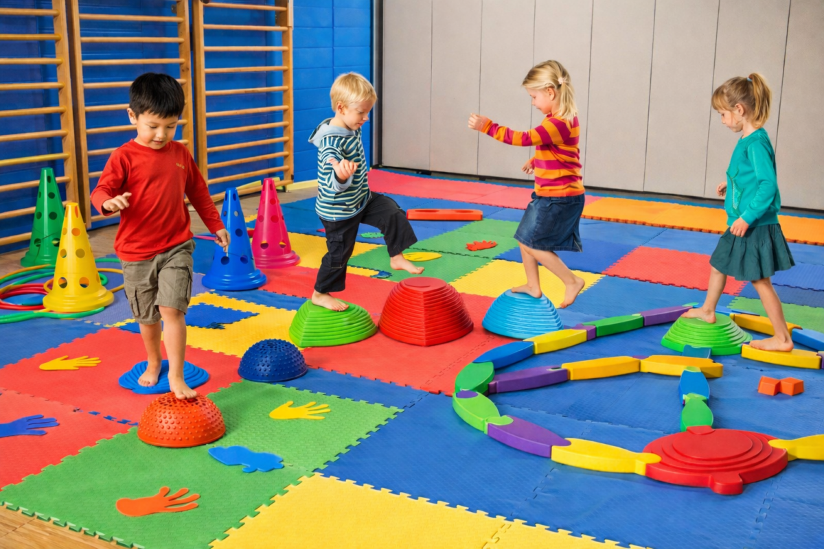 Enfant franchissant un parcours motricité avec cerceaux, banc et plots