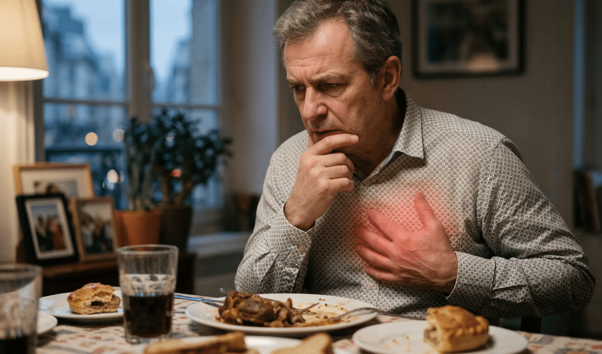 Personne assise après un repas, la main posée sur le haut du ventre, illustrant une palpitation après repas liée à la digestion