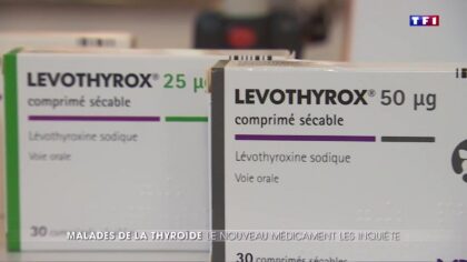 Comprimés de Levothyrox et boîte de médicament posés sur une table, illustration des symptômes d'un mauvais dosage