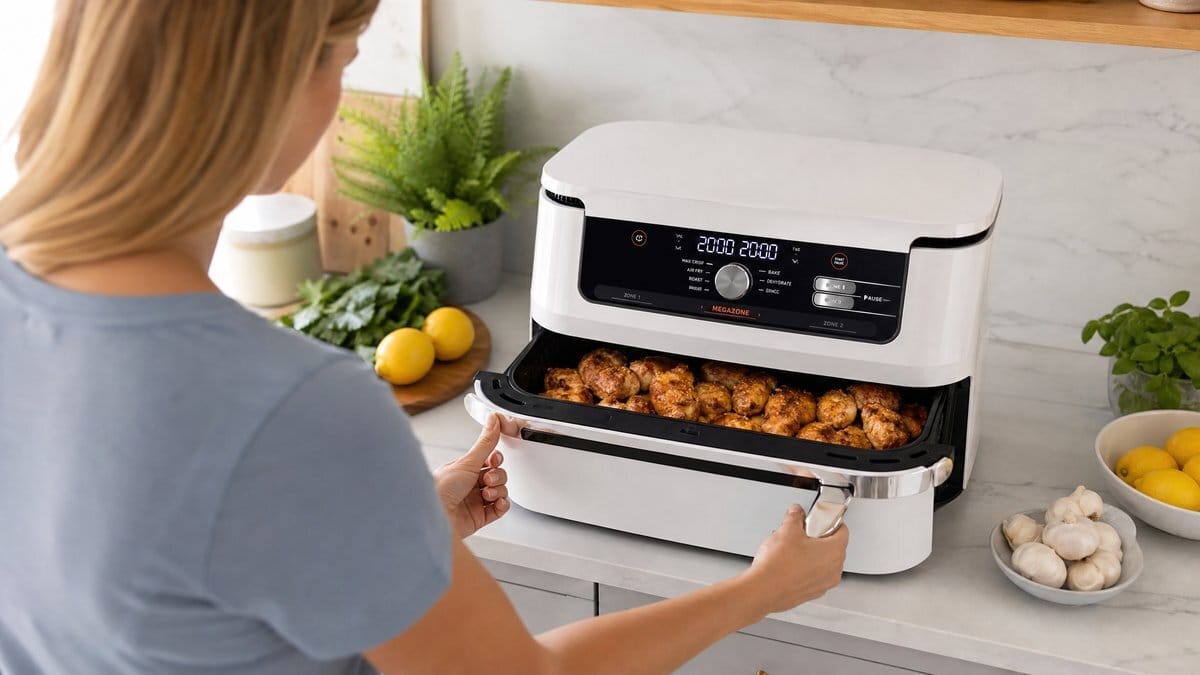 Air fryer ouvert posé à côté d'un four de cuisine, panier garni de légumes rôtis
